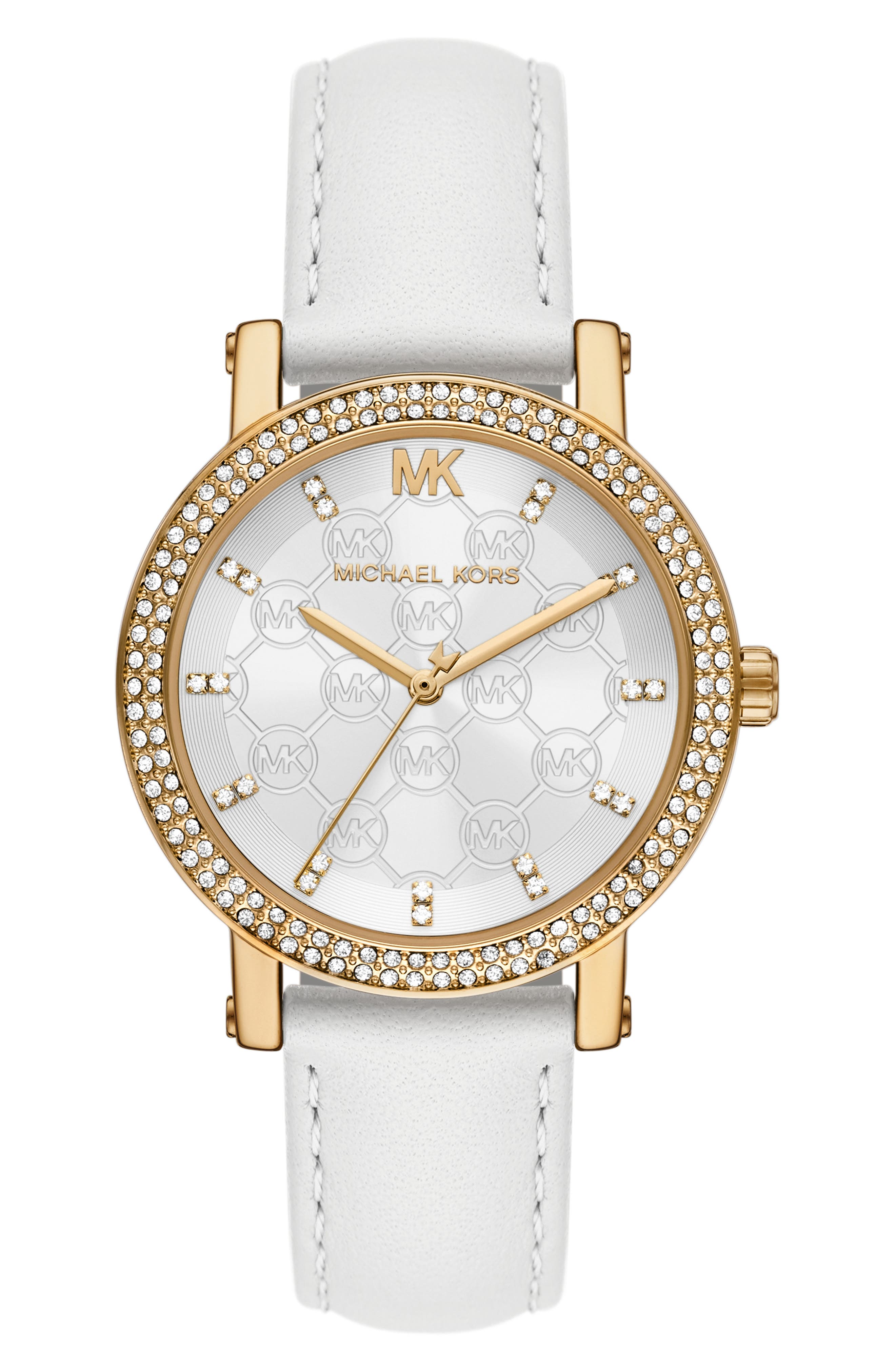 Michael Kors Three Hand Quartz CZ Embellished Leather Strap Watch, 38mm