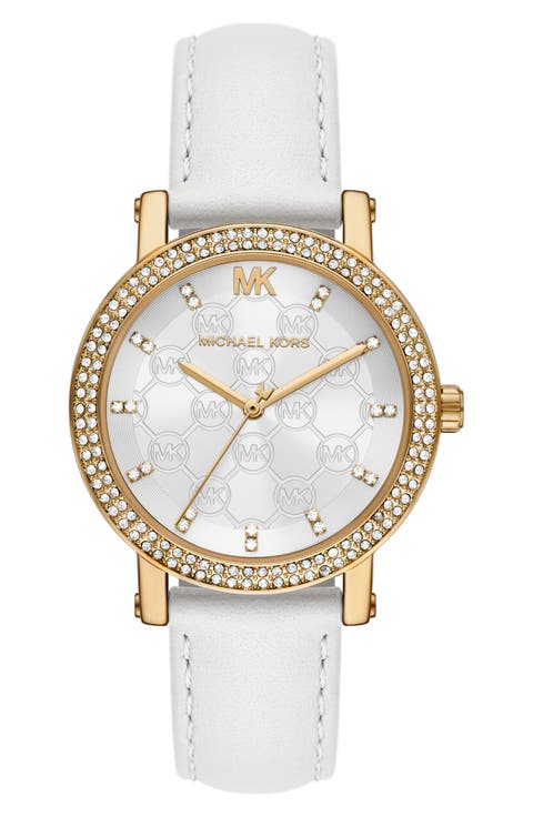 Three Hand Quartz CZ Embellished Leather Strap Watch, 38mm