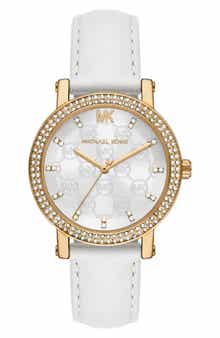 Michael Kors Three Hand Quartz CZ Embellished Leather Strap Watch, 38mm