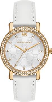 Michael Kors Three Hand Quartz CZ Embellished Leather Strap Watch, 38mm