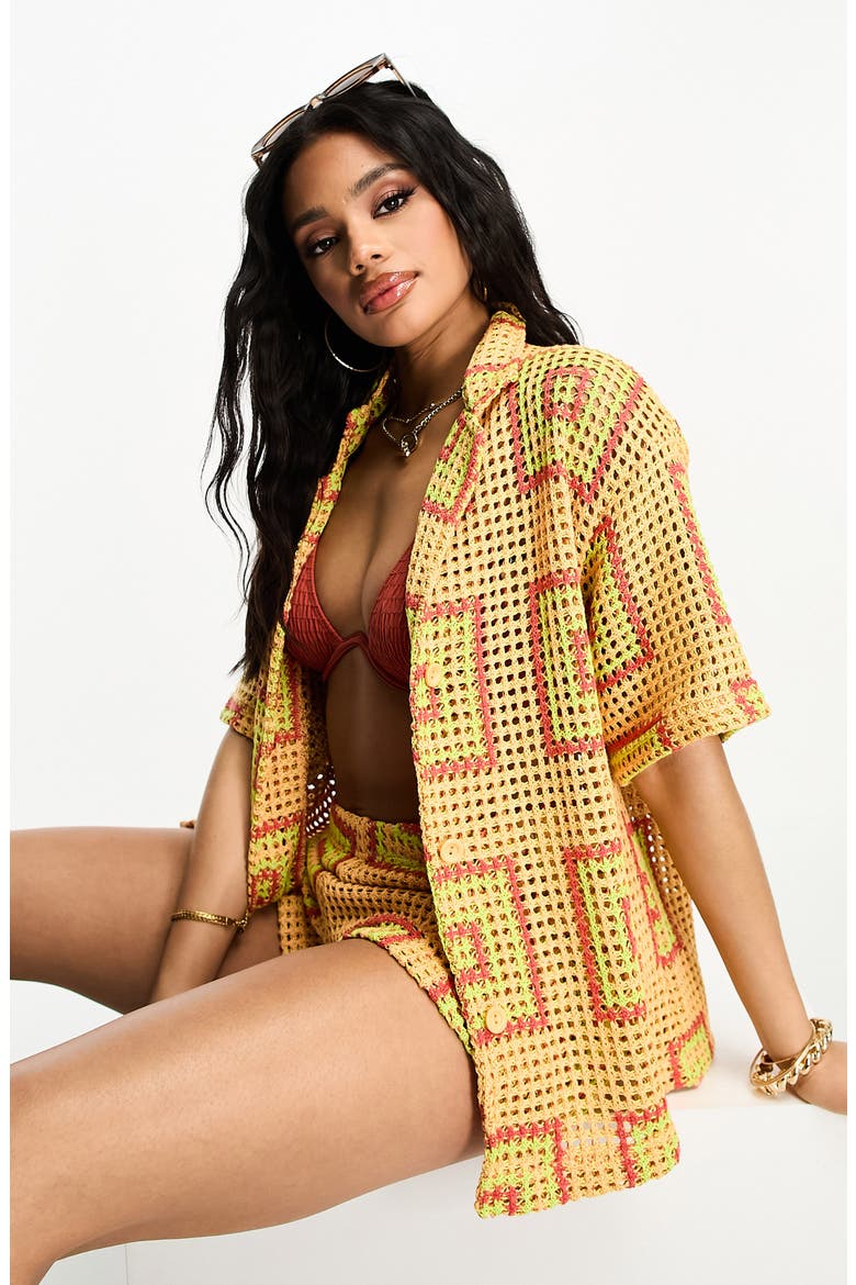 Mosaic Crochet Beach Cover-Up Shirt, Alternate, color, YELLOW