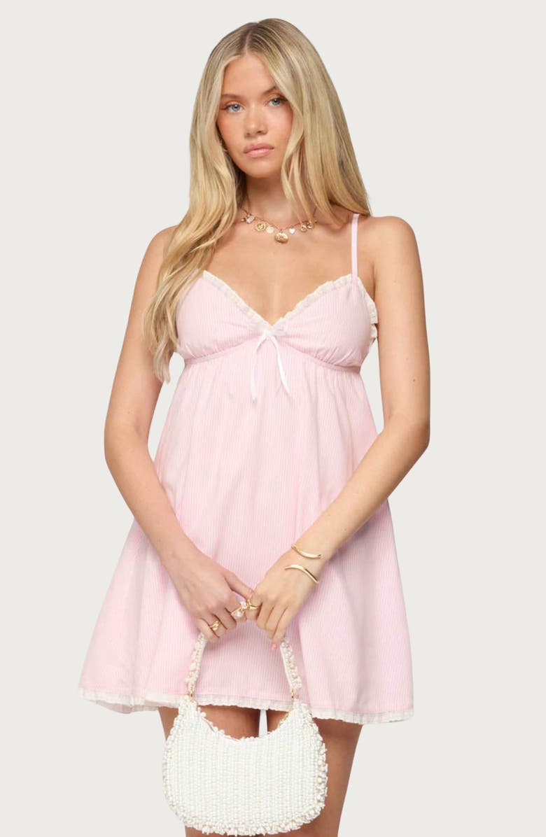 EDIKTED Danira Pinstripe Babydoll Minidress, Alternate, color, Light-Pink