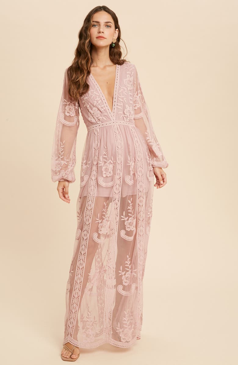 WISHLIST Floral Embroidered Long Sleeve Maxi Dress, Alternate, color, Mauve