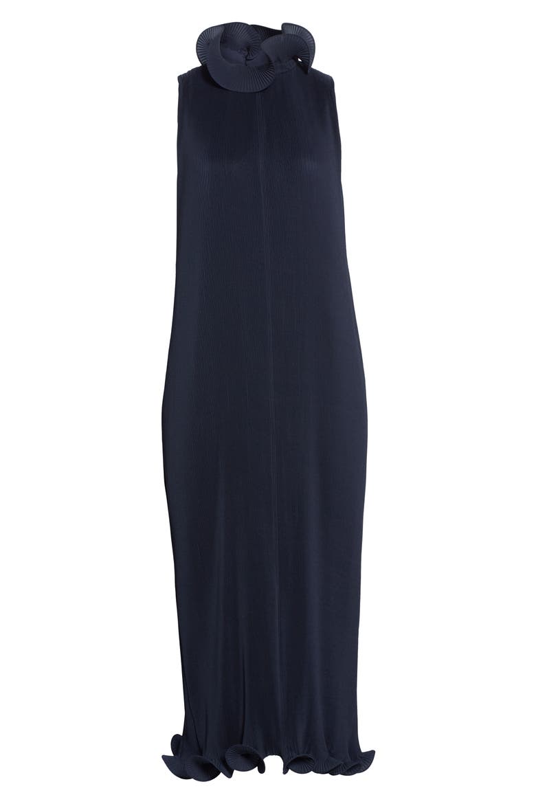Ruffle Trim Pleated Midi Dress, Alternate, color, NAVY