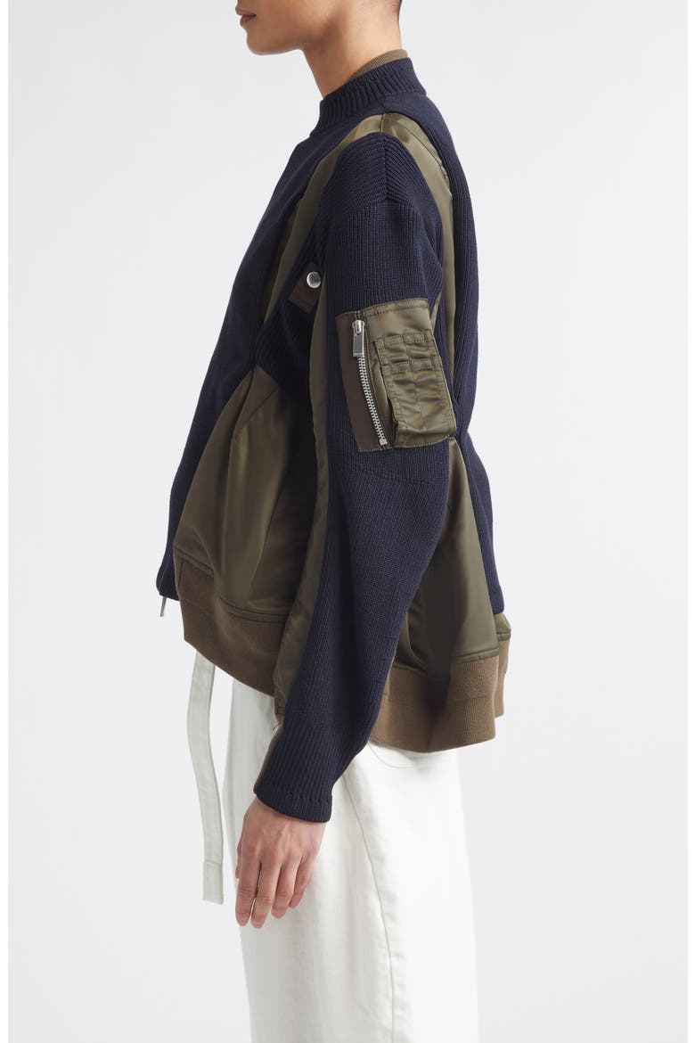 Mixed Media Bomber Jacket with Sweater Bib Overlay, Alternate, color, DARK KHAKI/ NAVY