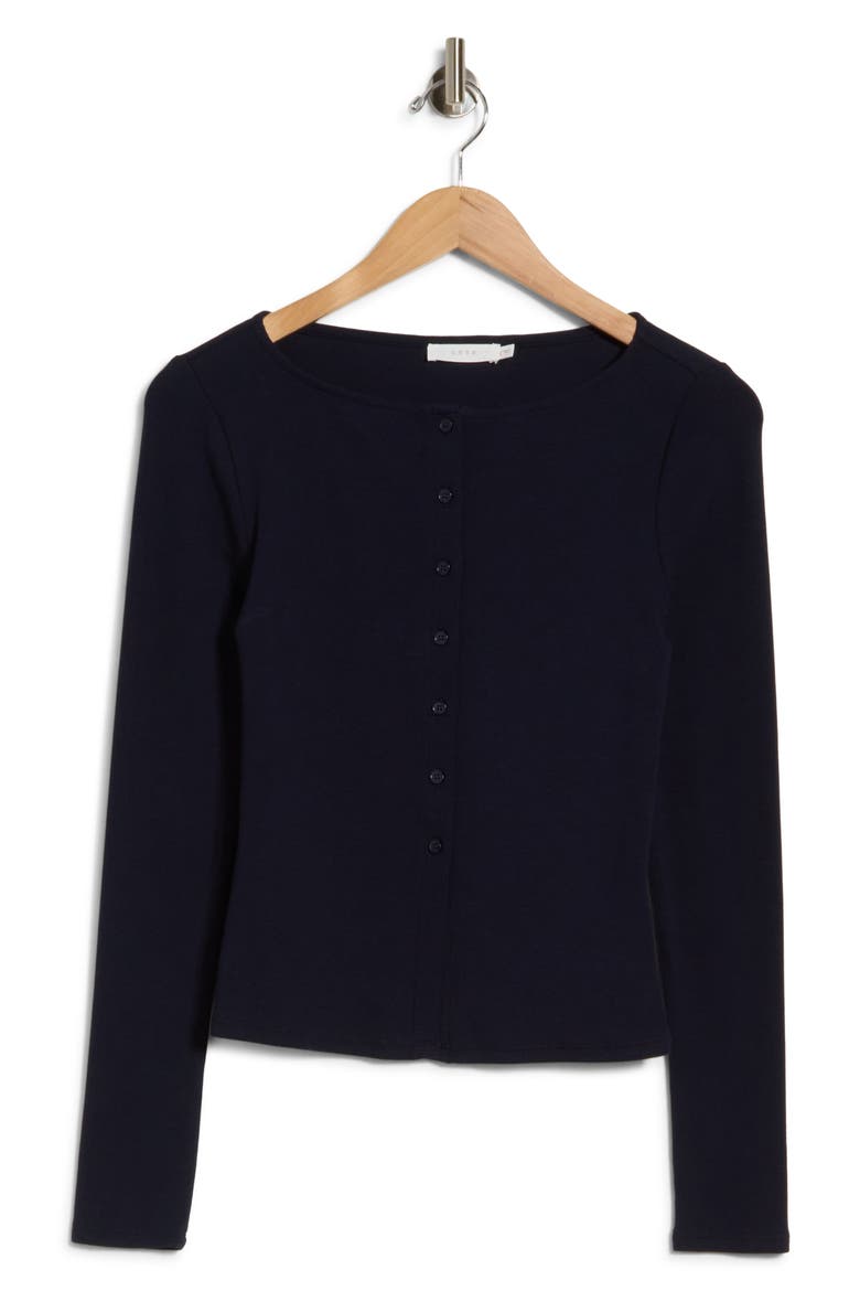 Long Sleeve Button Front Crop Top, Alternate, color, NAVY