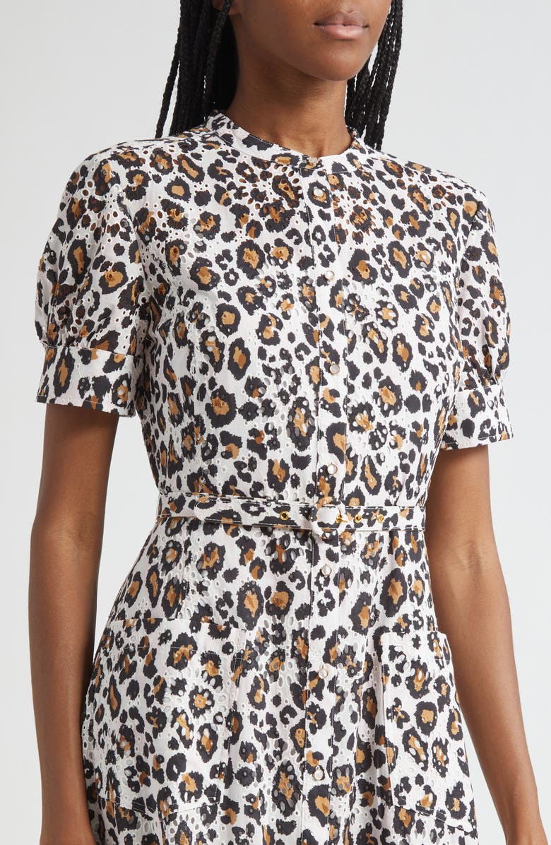ST. JOHN Leopard Print Cotton Eyelet Belted Shirtdress, Alternate, color, Leopard Print
