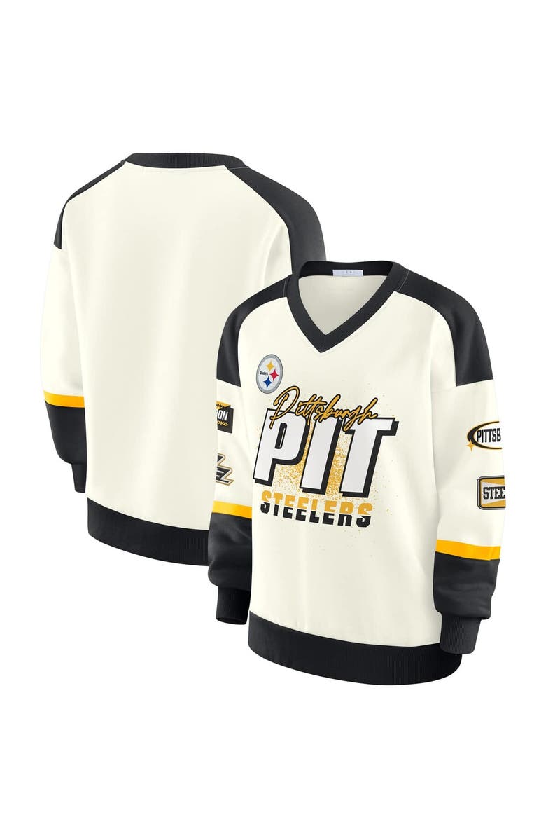 WEAR by Erin Andrews Women's WEAR by Erin Andrews  Cream Pittsburgh Steelers Racing Crew V-Neck Sweatshirt, Main, color, Cream