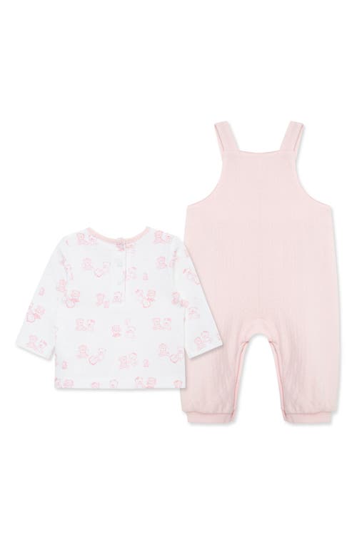 Little Me Bear Print Long Sleeve Top & Overalls In Pink