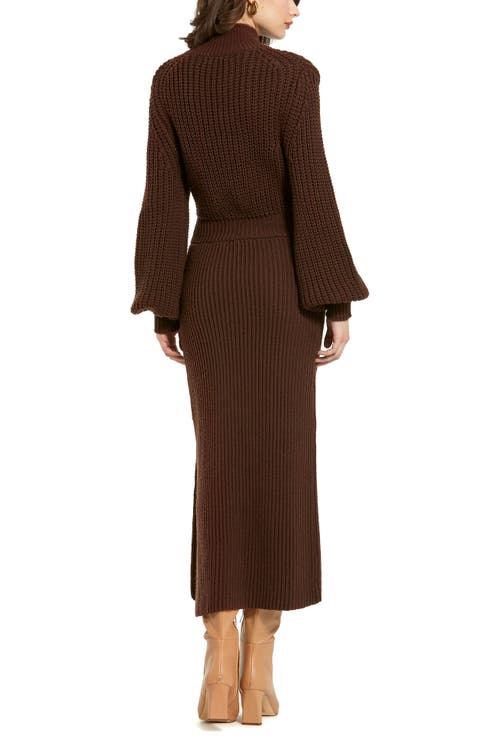 Mac Duggal Long Sleeve Turtle Neck Knit Midi Dress In Chocolate