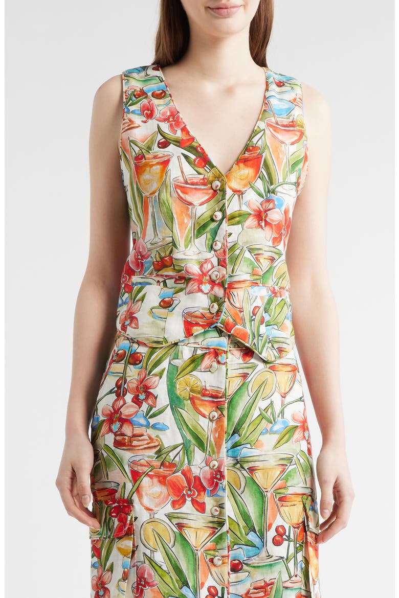 Cocktail Print Linen Vest, Main, color, OFF-WHITE