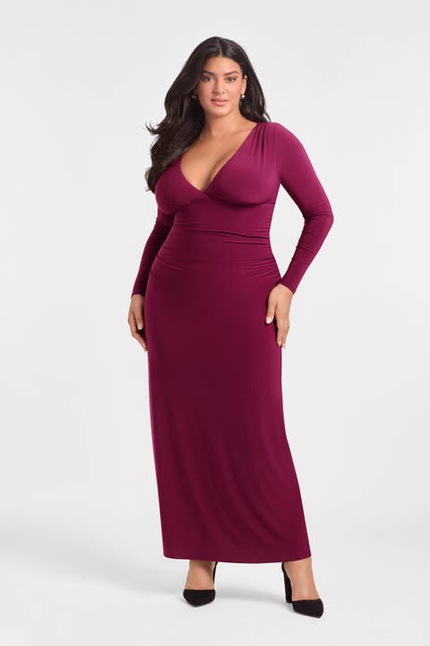 Sculpting Shapewear Shirred V-Neck Long Sleeve Solid Maxi Dress