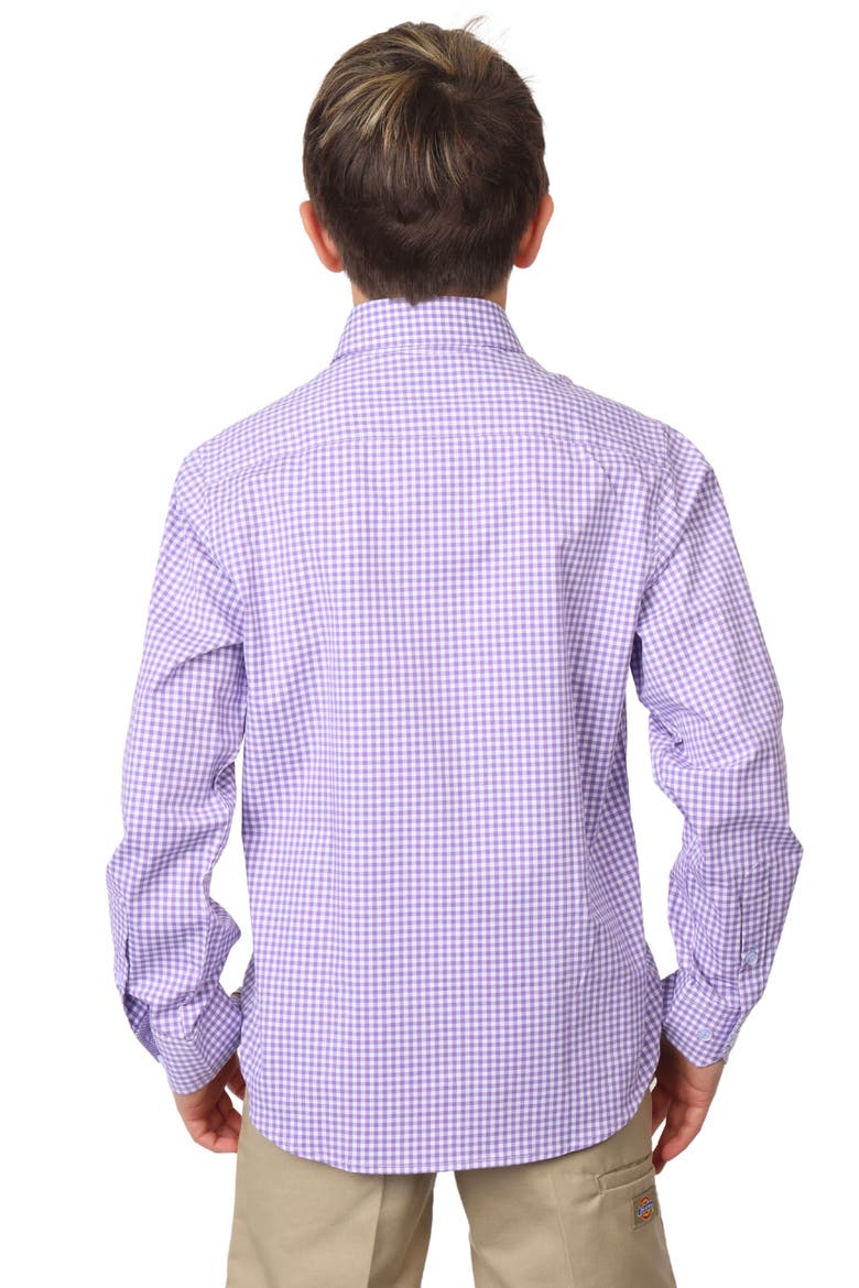 Kids' Micro Gingham Stretch Cotton Button-Up Shirt, Alternate, color, PURPLE