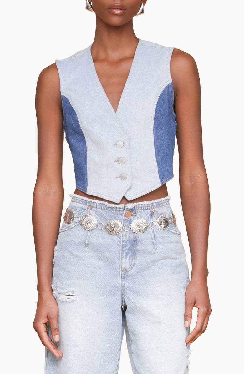 Avec Les Filles Colorblock Denim Vest, Main, color, Terra Light-Medium Blue Wash