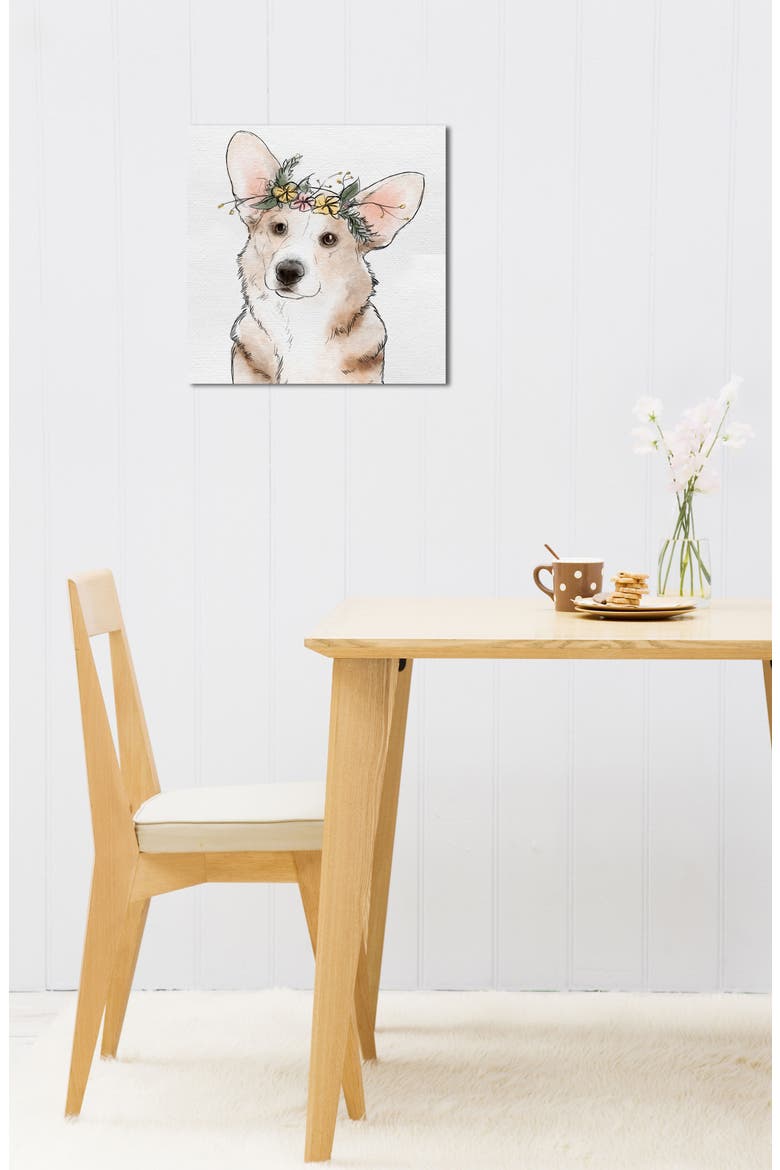 Floral Crown Corgi Canvas Wall Art, Alternate, color, WHITE