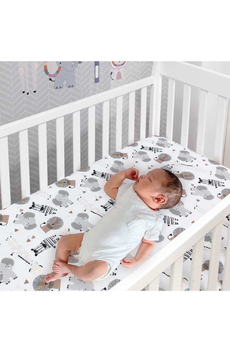 Lambs & Ivy Jungle Safari 100% Cotton Elephant/Lion Fitted Crib Sheet, Alternate, color, White Multi