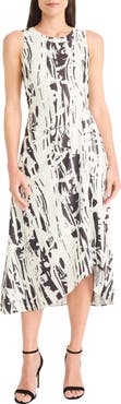 Maggy London Abstract Print Asymmetrical Midi Dress