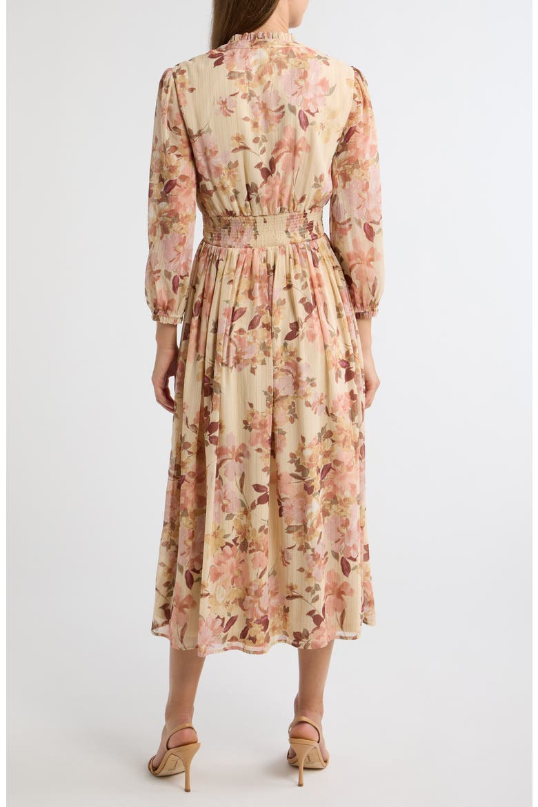 Smocked Waist Ruffle Trim Midi Dress, Alternate, color, MACADAMIA MULTI