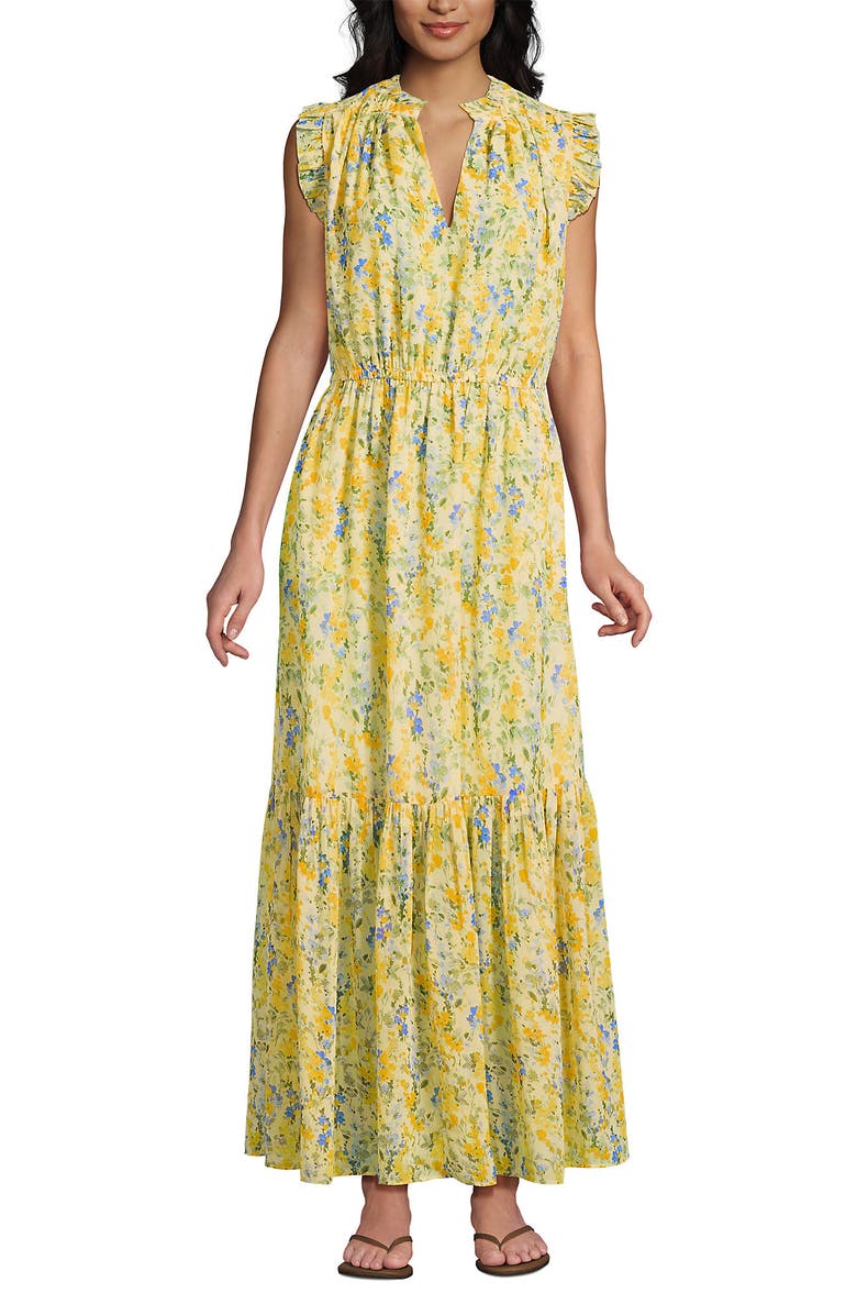 Lands' End Chiffon Maxi Dress with Ruffle Detail, Alternate, color, Golden Candle Light Floral