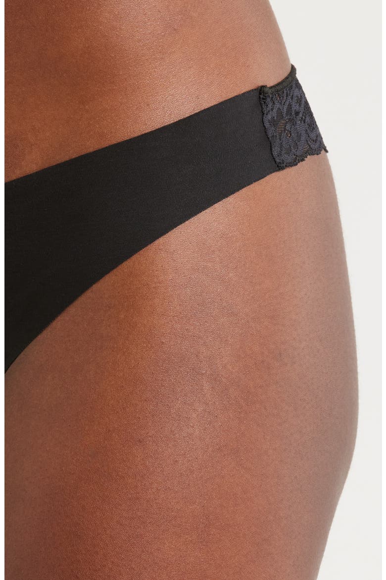 Estelle Lace Trim Stretch Cotton Thong, Alternate, color, BLACK