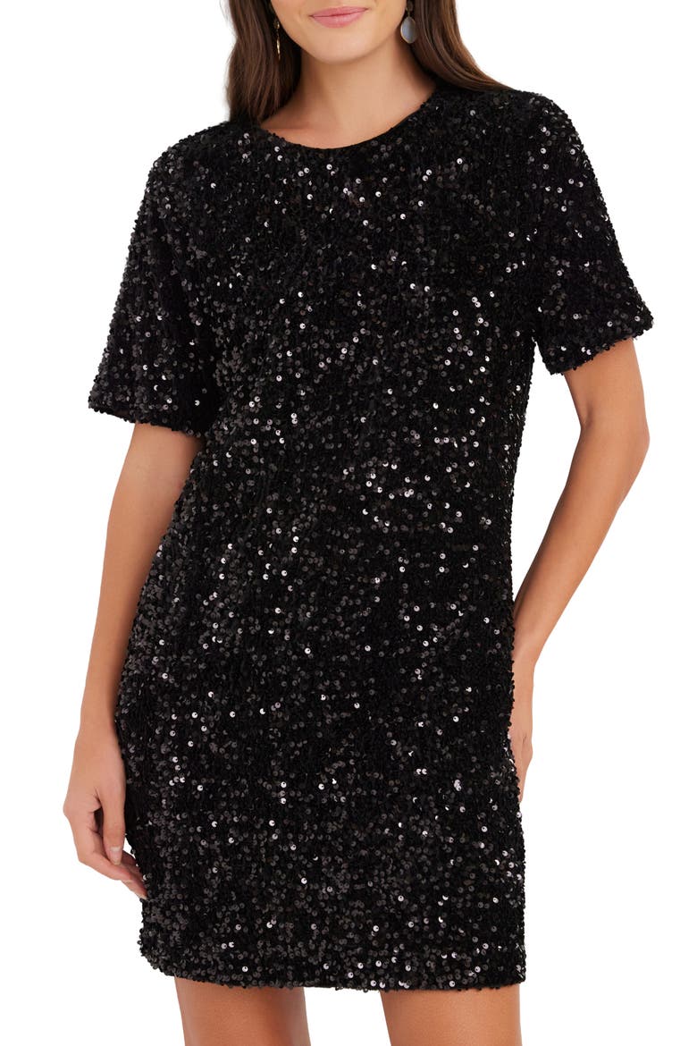 Velvet Sequin Shift Minidress, Alternate, color, BLACK