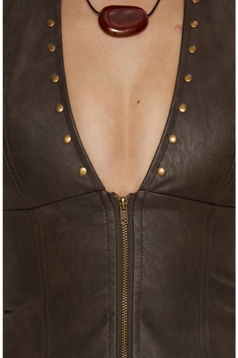 Romey Studded Faux Leather Corset Halter Top, Alternate, color, CHARCOAL BROWN