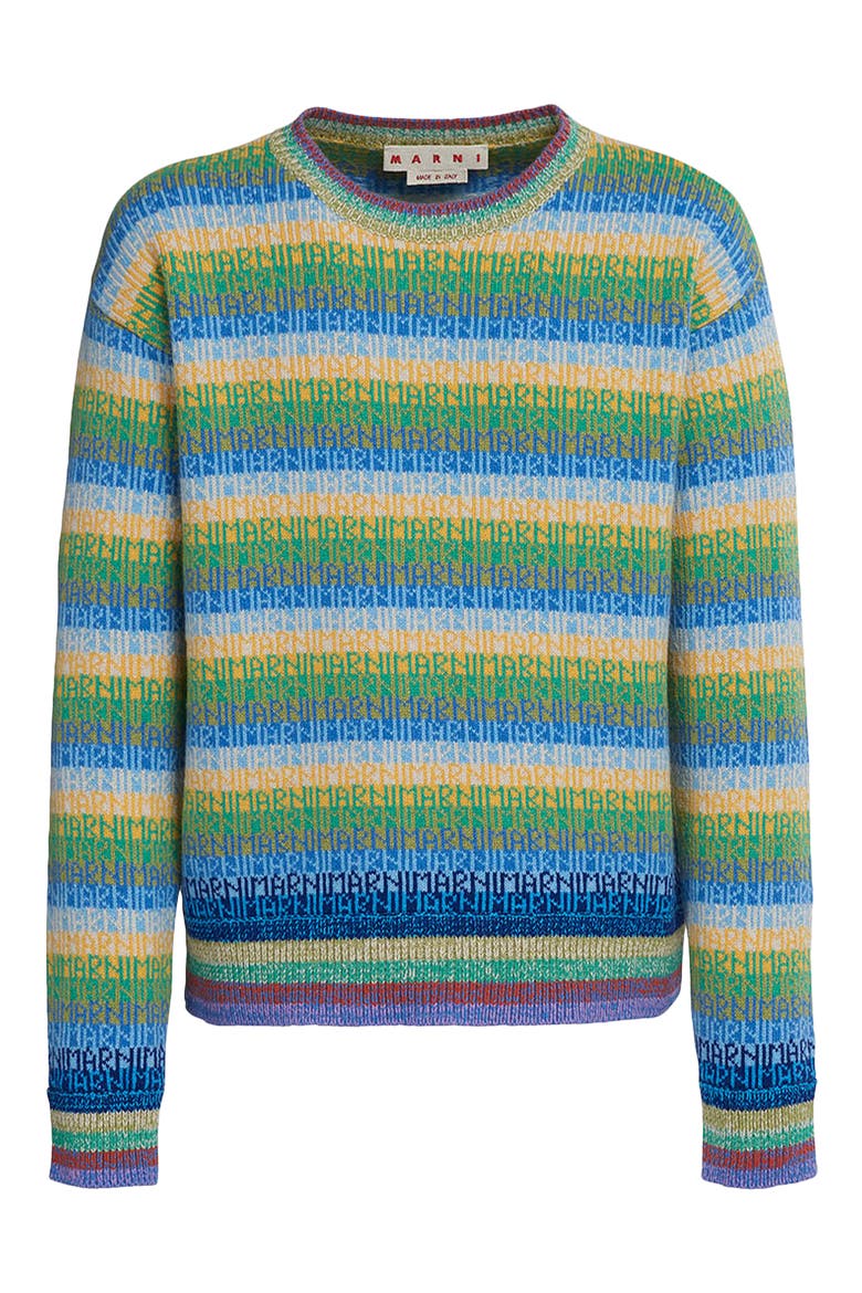 Logo Stripe Crewneck Virgin Wool Sweater, Alternate, color, LAKE