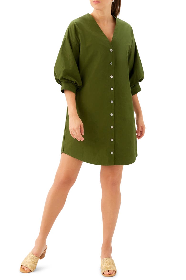 Puff Sleeve Pearly Button Dress, Main, color, OLIVE