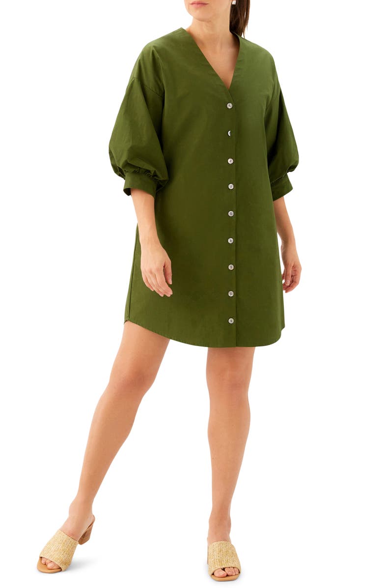 Karen Kane Button-Up Cotton Shirtdress, Main, color, Olive