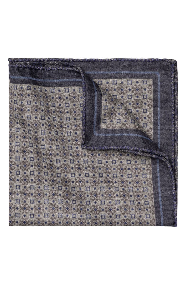 Eton Reversible Medallion Print Wool Flannel Pocket Square, Main, color, Medium Brown