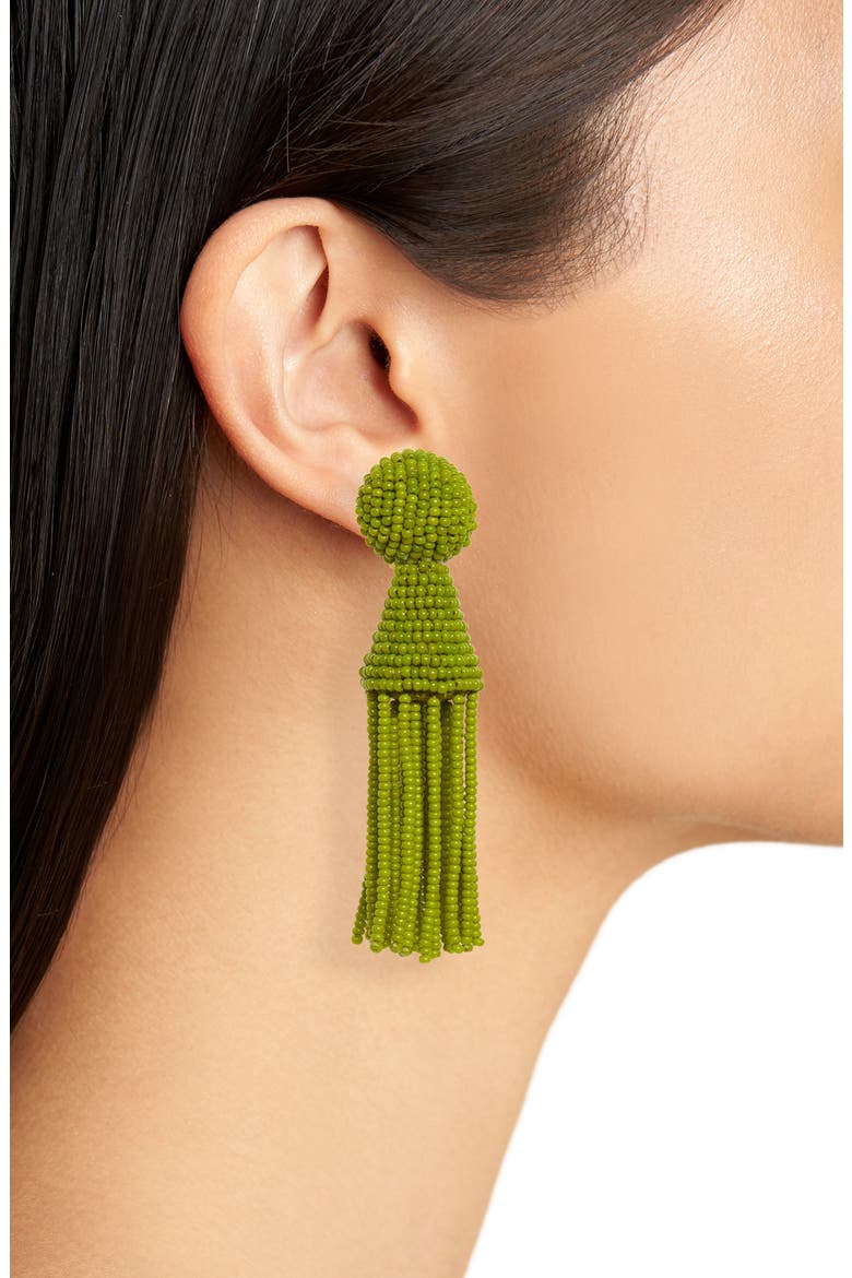 Short Beaded Tassel Clip Earrings, Alternate, color, PEAR
