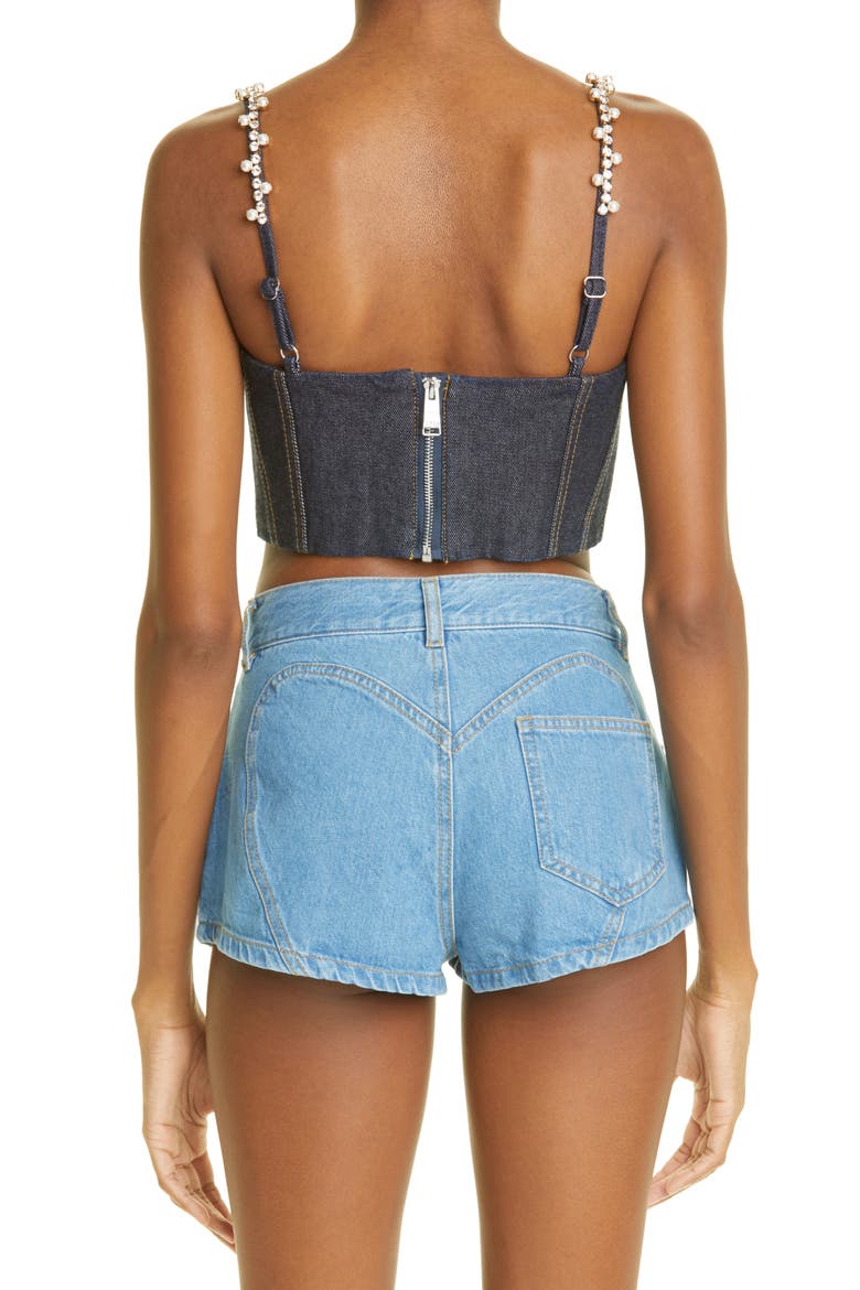Crystal & Imitation Pearl Trim Denim Corset Top, Alternate, color, INDIGO