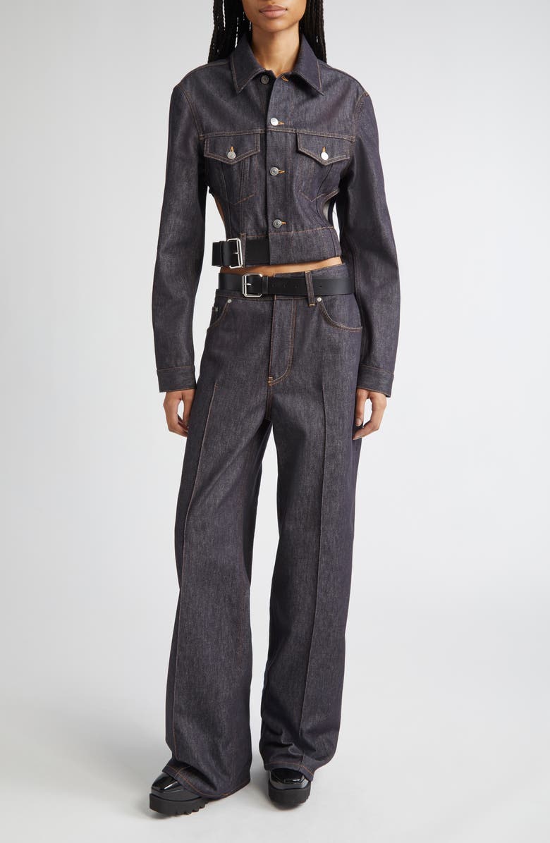Stella McCartney Belted Crop Raw Denim Jacket, Alternate, color, 4123 - Raw Blue Denim