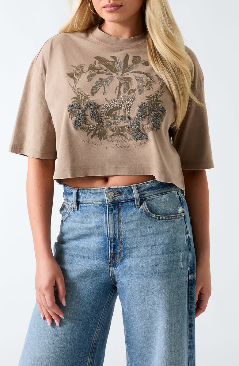 GUESS Beaded Jungle Resort Crop T-Shirt, Main, color, Taupe Multi