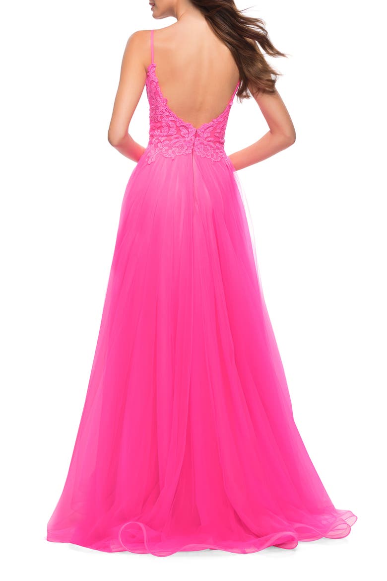 Floral Embroidered Keyhole Tulle Ballgown, Alternate, color, NEON PINK