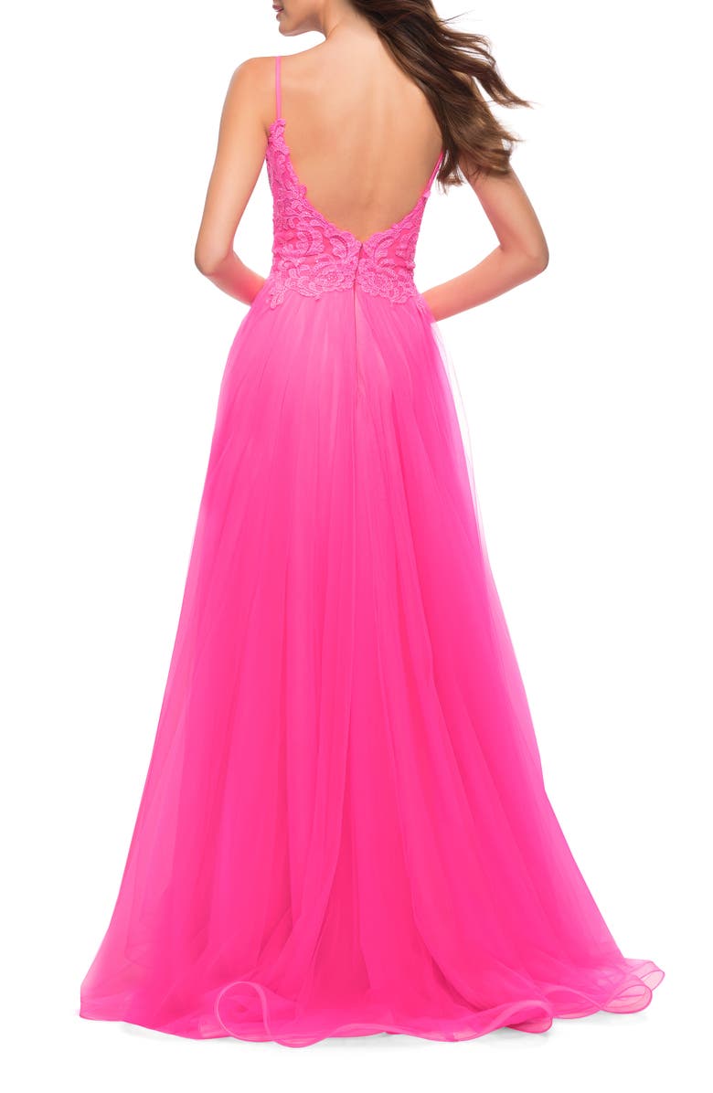 La Femme Floral Embroidered Keyhole Tulle Ballgown, Alternate, color,