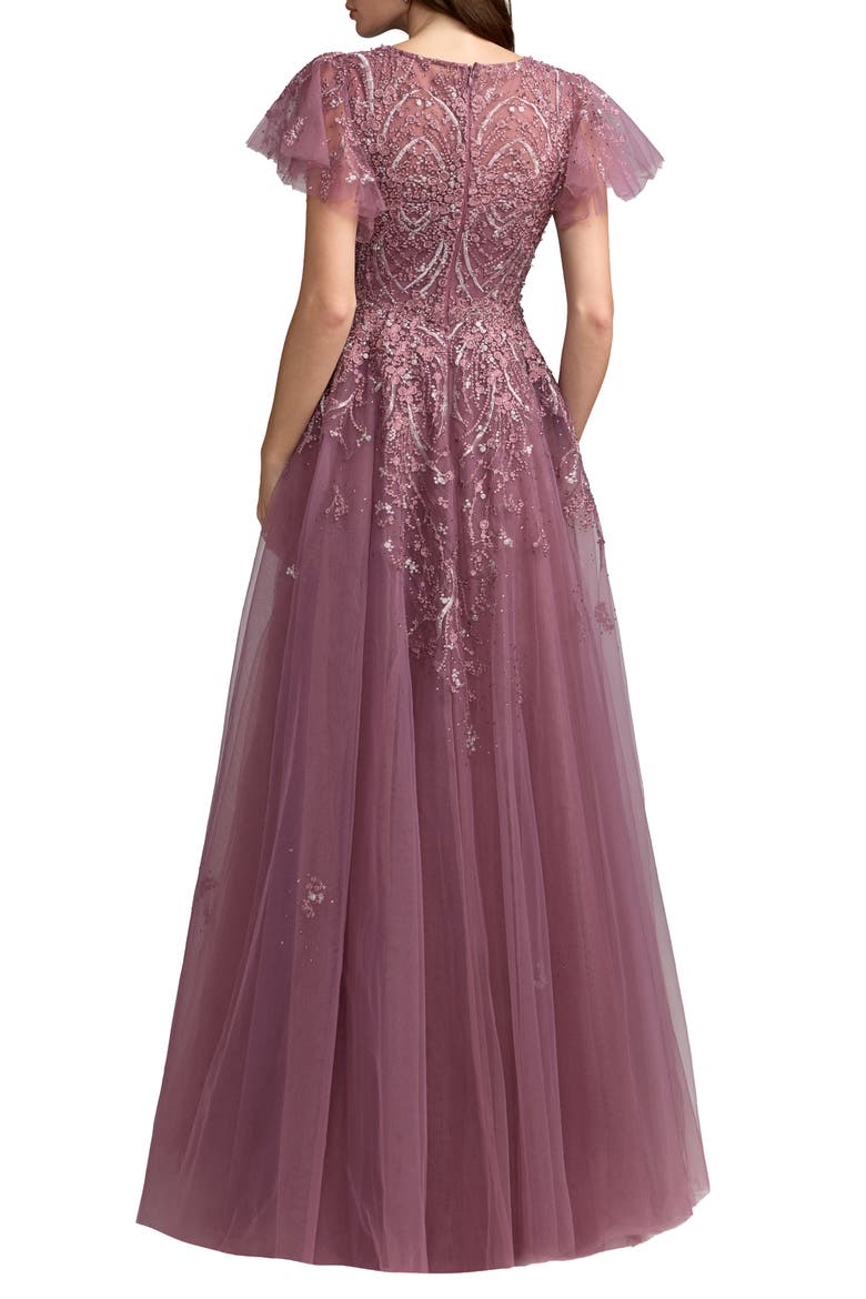 Beaded Embroidered Tulle Flutter Sleeve Ball Gown, Alternate, color, Wisteria