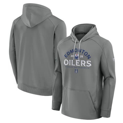 Men's Fanatics Gray Edmonton Oilers 2025 Stanley Cup Playoffs Authentic Pro Rink Fly Fleece Pullover Hoodie