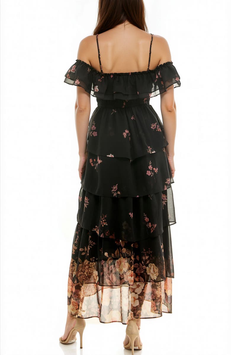 Socialite Floral Cold Shoulder Tiered Maxi Dress, Alternate, color, Black Yellow Taupe