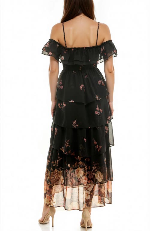 Socialite Floral Cold Shoulder Tiered Maxi Dress In Black