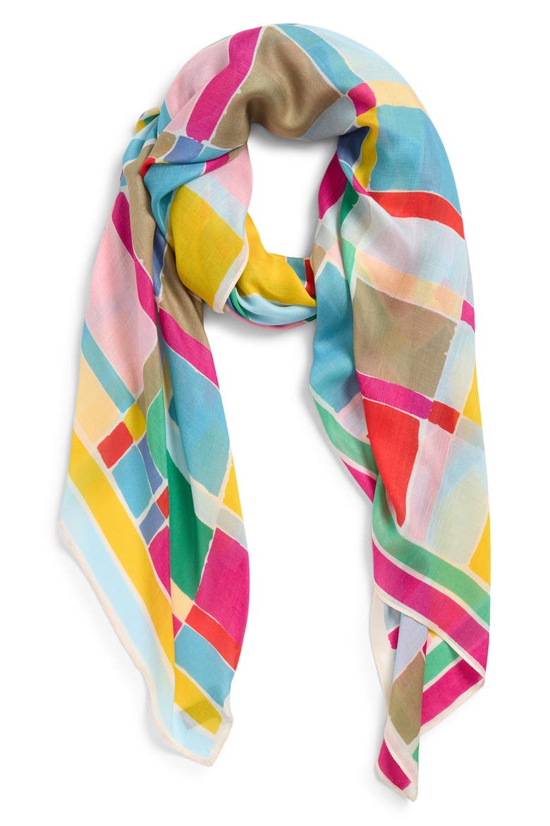 Painted Plaid Wrap, Main, color, WHITE MULTI