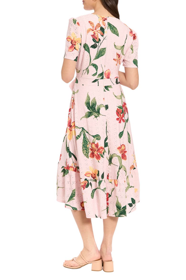 Floral Eyelet Short Sleeve Faux Wrap Dress, Alternate, color, PINK/ YELLOW