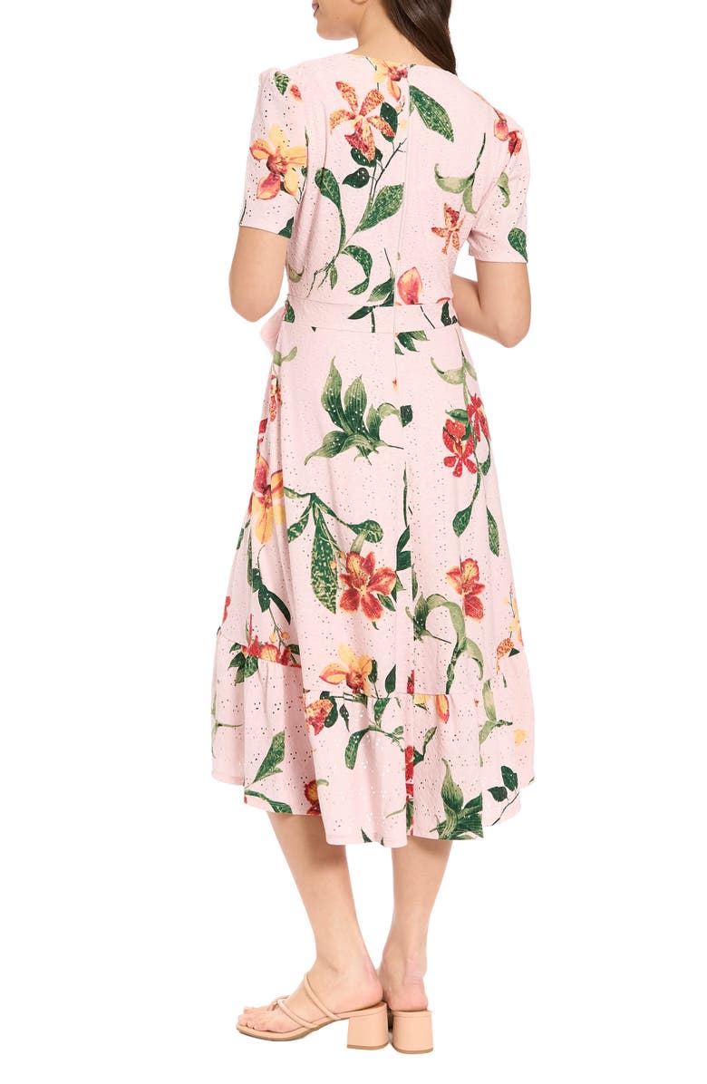 London Times Floral Eyelet Short Sleeve Faux Wrap Dress, Alternate, color, Pink/ Yellow