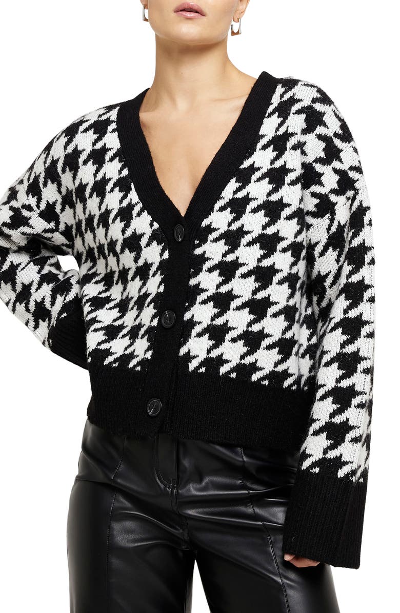 River Island Houndstooth Crop V-Neck Cardigan, Main, color, 