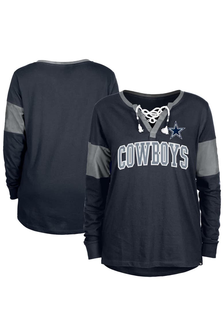 Women's New Era Navy Dallas Cowboys Lace-Up Notch-Neck Long Sleeve T-Shirt, Main, color, Navy