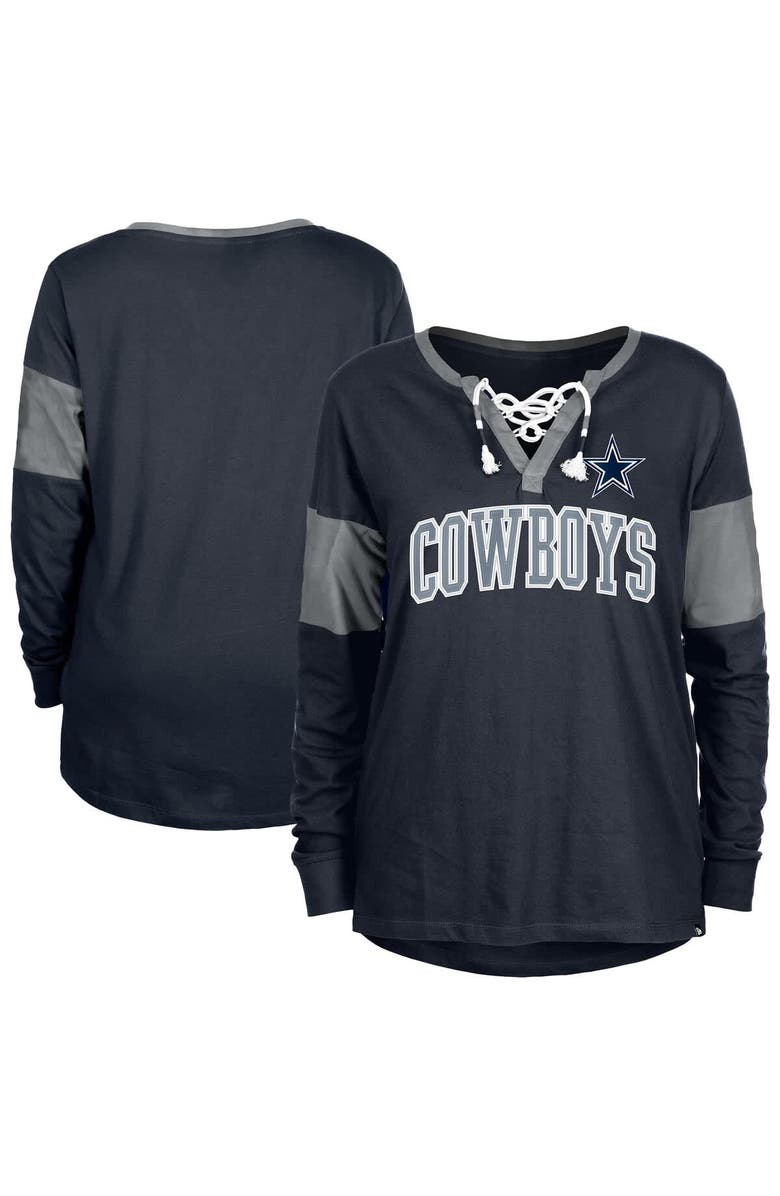 New Era Women's New Era Navy Dallas Cowboys Lace-Up Notch-Neck Long Sleeve T-Shirt, Main, color, Navy