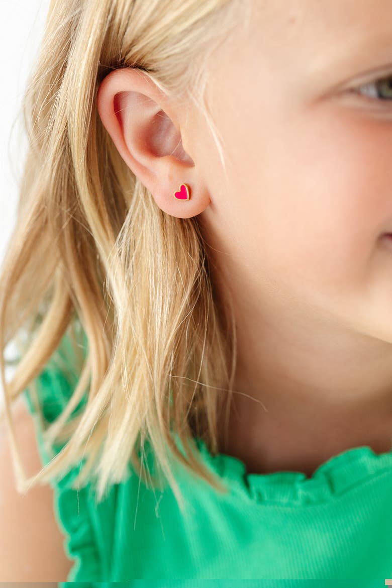 Girls' Enamel Heart Flatback Stud Hypoallergenic Earrings, Alternate, color, Hot Pink