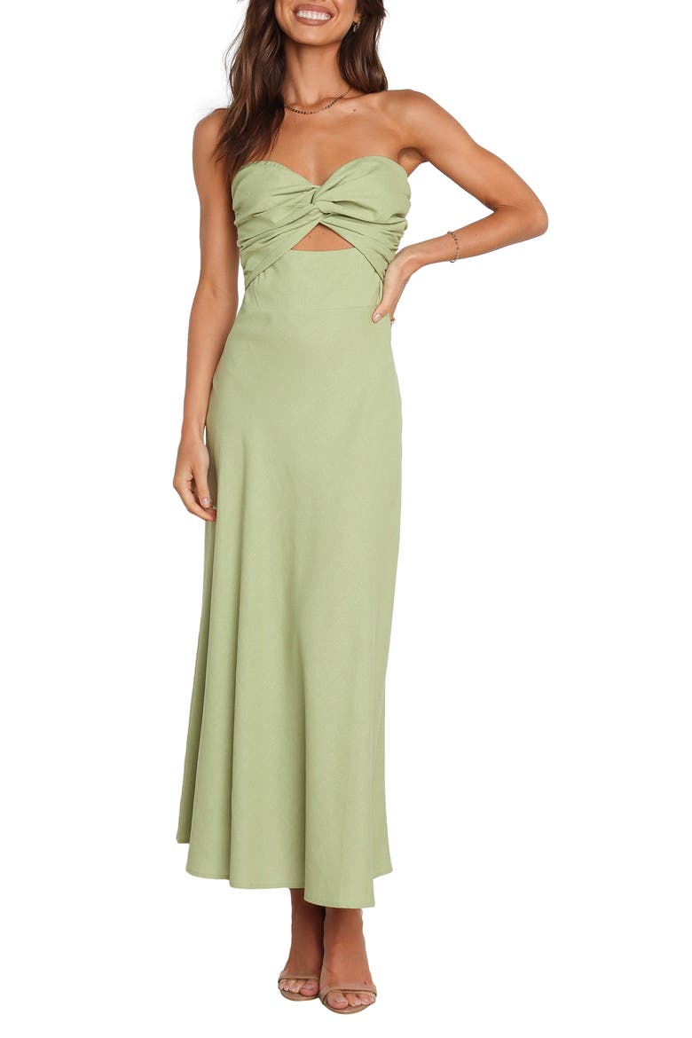 Rosetta Cutout Cotton & Linen Strapless Dress, Main, color, OLIVE