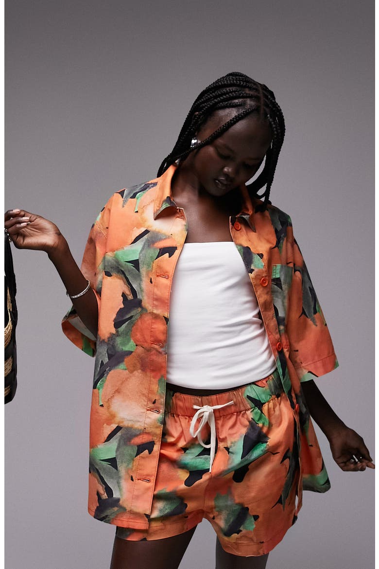 Abstract Floral Oversize Cotton Button-Up Shirt, Main, color, ORANGE
