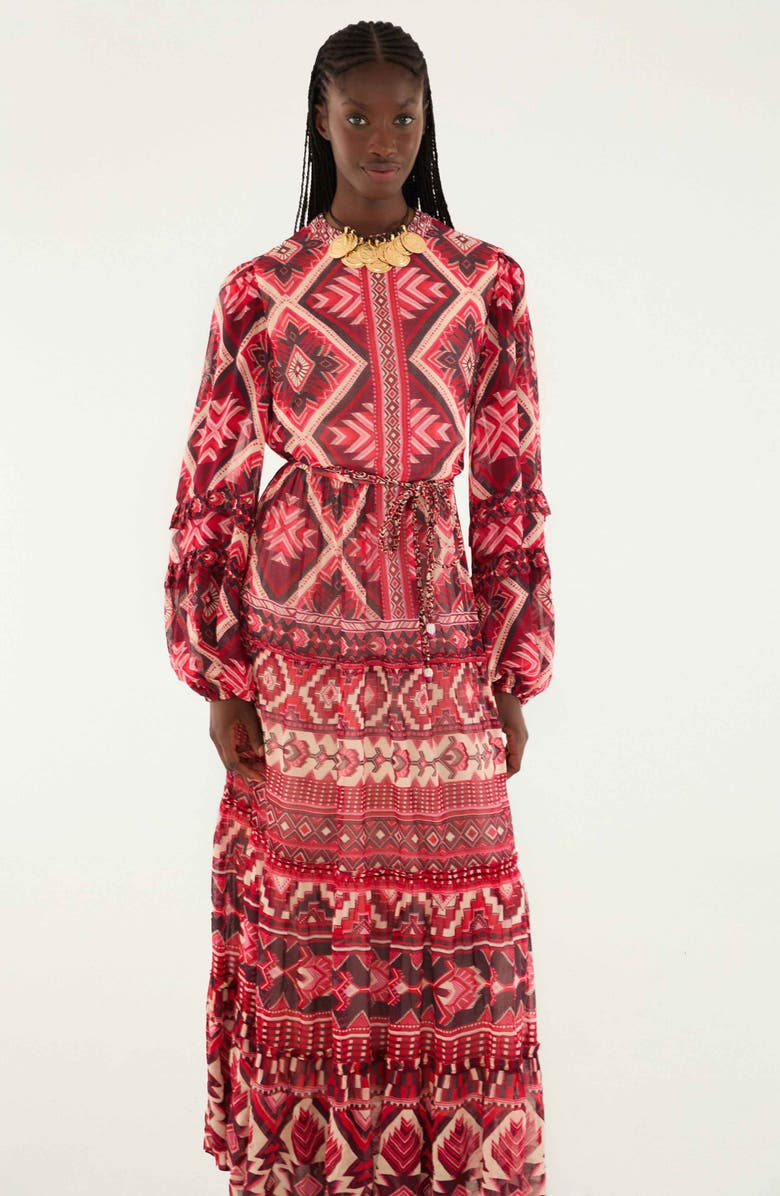 FARM Rio Ainika Long Sleeve Tiered Maxi Dress, Alternate, color, Graphic Ainika Red